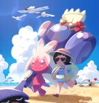  2girls beach black_hair blue_one-piece_swimsuit blue_sky botamochi_(exwelder) colored_skin fangs flower full_body grey_eyes hammer hat heart heart-shaped_eyewear hibiscus holding holding_hammer looking_at_viewer multicolored_skin multiple_girls one-piece_swimsuit outdoors pink-framed_eyewear pink_hair pink_skin pokemon pokemon_(creature) pokemon_sv pool_float poppy_(pokemon) red_flower red_sandals sandals sandygast shellder short_hair skin_fangs sky standing sun_hat swimsuit tinkaton two-tone_skin wiglett wingull 