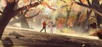  2boys autumn autumn_leaves bandaged_neck bandages basket black_hair black_pants braid brown_hair chinese_clothes commentary day english_commentary forest hair_bun hanfu hat highres holding holding_basket holding_log hua_cheng leaf long_hair male_focus multiple_boys nature outdoors pants red_hanfu red_tunic rice_hat rock san_lang scenery short_sleeves single_braid single_hair_bun sleeves_pushed_up smile standing sunlight suto_(sakumaaritsu) tianguan_cifu tree tunic very_long_hair white_hanfu wide_shot xie_lian 
