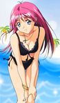  90s bikini black_swimsuit blue_eyes bracelet day earrings eyebrows_visible_through_hair hands_on_own_knees highres jewelry kokura_masashi leaning_forward long_hair looking_at_viewer nail_polish necklace non-web_source official_art oldschool outdoors palm_tree pink_hair shirayuki_maho smile solo swimsuit tokimeki_memorial tokimeki_memorial_2 tree 