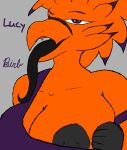anthro avian big_breasts big_nipples birbporn black_nipples black_tongue breasts bust_portrait close-up clothing digital_media_(artwork) feathers female flashing flashing_breasts gloves_(marking) highlights_(coloring) humanoid long_tongue looking_at_viewer lucy_(birb) markings nipples one_eye_closed orange_body orange_feathers portrait shirt solo talon_hands tank_top tongue topwear tugging_clothing wink