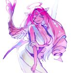  1girl angel angel_wings breasts cleavage colored_skin cookie_run cookie_run:_kingdom demon_girl dress eternal_sugar_cookie gem halo highres humanization large_breasts long_hair looking_at_viewer monica620 pink_eyes pink_gemstone pink_hair pink_skin smile solo very_long_hair white_dress white_eyeshadow wings 