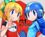  1boy 1girl android anniversary bangs blonde_hair blue_eyes blue_gloves blunt_bangs blush bow capcom commentary_request dated eyebrows_visible_through_hair gloves green_bow hair_bow hair_ornament hand_gesture helmet index_finger_raised long_hair ponytail rockman rockman_(character) rockman_(classic) rockman_11 roll ryuda_1 sidelocks smile 