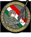  1girl assault_rifle belt brown_hair camouflage from_behind fx-05_xiuhcoatl green_eyes gun highres holding holding_gun holding_weapon looking_at_viewer looking_back mexican_army mexican_flag mexico military_combat_uniform military_uniform mx_waifus original rifle smile solo weapon 