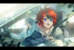  2boys :d ahoge aotsuki_eito black_gloves black_hoodie black_streaks blue_eyes car car_seat chinese_commentary collarbone_peek commentary dated drawstring driving glasses gloves grey_hair grey_jacket hood hoodie jacket jacket_over_hoodie leaning_out_of_window looking_ahead male_focus motor_vehicle multicolored_hair multicolored_jacket multiple_boys purple_eyes red_hair ringed_eyes seatbelt sevenleaves7 shirt short_hair sitting smile streaked_hair sumino_takumi the_hundred_line_-last_defense_academy- two-tone_jacket white_hoodie white_jacket white_shirt wind 