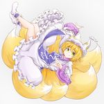  ankle_cuffs blonde_hair dress fox_tail full_body grey_background hat highres long_sleeves looking_at_viewer multiple_tails ofuda pillow_hat simple_background smile socks solo tabard tail tarumaru touhou white_dress white_hat white_legwear wide_sleeves yakumo_ran yellow_eyes 