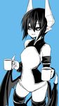  black_sclera blue_background blush coffee coffee_mug commentary_request contrapposto cup demon_girl demon_horns demon_tail demon_wings elbow_gloves eyebrows_visible_through_hair gloves greyscale hair_between_eyes highres horns juugoya_(zyugoya) looking_at_viewer low_wings monochrome mug parted_lips pointy_ears seizaverus shinrabanshou short_hair simple_background slit_pupils smile solo standing tail thighhighs wings 