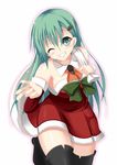  aqua_eyes aqua_hair ascot black_legwear boots breasts christmas_tree_hair_ornament cleavage dress hair_ornament hairclip kantai_collection long_hair medium_breasts one_eye_closed peta_(taleslove596) sack santa_costume short_dress smile solo strapless strapless_dress suzuya_(kantai_collection) thigh_boots thighhighs zettai_ryouiki 