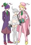  1girl 2boys ahoge ascot blonde_hair boots castform cherrim cherrim_(overcast) cherrim_(sunshine) green_ascot green_hair grey_hair hair_bun hair_over_one_eye hat kasuka108 mini_hat multiple_boys navel pants personification pink_hat pink_pants pink_vest pocket_square pokemon puple_coat purlpe_hair shoes standing thigh_boots tilted_headwear vest white_background yellow_shoes 