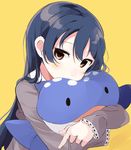  bangs blue_hair commentary_request hair_between_eyes long_hair looking_at_viewer love_live! love_live!_school_idol_festival love_live!_school_idol_project simple_background solo sonoda_umi stuffed_animal stuffed_toy totoki86 whale_shark yellow_eyes 