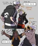  3boys black_shirt blonde_hair closed_eyes dark-skinned_male dark_skin ear_piercing eyewear_on_head fanny_pack gladion_(pokemon) green_hair guzma_(pokemon) hands_on_own_hips hau_(pokemon) highres looking_at_another male_focus multiple_boys outstretched_arms piercing pokemon pokemon_sm riodrawsstuff shirt team_skull translation_request white_hair 