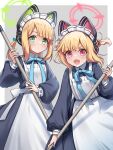  2girls animal_ear_headphones animal_ears apron back_bow black_dress blonde_hair blue_archive blue_ribbon blunt_bangs blush border bow cat_ear_headphones cat_ears closed_mouth collared_dress commentary_request contrast_collar dress fake_animal_ears frilled_apron frills green_bow green_eyes green_halo grey_background hair_bow halo headphones holding holding_mop long_sleeves looking_at_viewer maid maid_apron maid_headdress midori_(blue_archive) midori_(maid)_(blue_archive) momoi_(blue_archive) momoi_(maid)_(blue_archive) mop multiple_girls neck_ribbon official_alternate_costume official_alternate_hairstyle open_mouth outside_border parted_bangs partial_commentary pink_eyes pink_halo puffy_long_sleeves puffy_sleeves red_bow ribbon short_hair short_twintails siblings sidelocks simple_background sisters smile suzumori_shuka twins twintails v-shaped_eyebrows white_apron white_border white_bow white_headdress 
