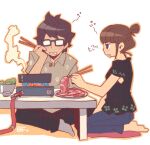  archived_source artist_name bae_il-su ben-day_dots bf. bf._(sogogiching) black-framed_eyewear black_eyes black_hair black_pants black_shirt black_sleeves blue_pants chopsticks collared_shirt commentary_request cushion denim drooling food grey_shirt grey_sleeves grey_socks hair_bun hand_on_own_cheek hand_on_own_face holding holding_chopsticks hotpot indian_style jeans korean_commentary lone_nape_hair meat mouth_drool on_cushion orange_outline outline pants print_shirt profile real_life rectangular_eyewear screentones seiza shirt short_hair short_sleeves sidelocks signature simple_background sitting sitting_on_pillow skull_print slice_of_life smoke socks steam table translation_request white_background wing_collar zabuton 