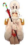  altera_(fate) altera_the_santa cane dark_skin earmuffs fate/grand_order fate_(series) highres i-pan looking_at_viewer mittens navel red_eyes scarf sheep simple_background smile solo tattoo veil white_background white_hair winter_clothes 