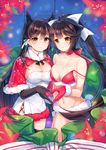  alternate_costume animal_ears atago_(azur_lane) azur_lane bangs black_hair bow breast_press breasts brown_eyes capelet christmas commentary_request dog_ears dress eyebrows_visible_through_hair fur_trim gloves hair_bow hair_ears hair_flaps heart heart_hands heart_hands_duo large_breasts long_hair looking_at_viewer multiple_girls pf ponytail red_dress red_gloves ribbon santa_costume smile swept_bangs symmetrical_docking takao_(azur_lane) very_long_hair white_bow white_ribbon 