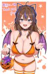  1girl absurdres ahoge animal_ear_headphones animal_ears armpit_crease bare_shoulders basket bat_wings belt_buckle bikini black_choker blue_hair braid breasts brown_hair buckle candy cat_ear_headphones cat_ears chain choker cleavage collarbone commentary_request commission cowboy_shot cuffs fake_animal_ears food grey_eyes halloween_bucket halterneck handcuffs headphones highres holding holding_basket lace-trimmed_bikini lace_trim large_breasts long_hair looking_at_viewer multicolored_hair navel open_mouth orange_bikini original second-party_source skeb_commission skindentation smile solo stomach streaked_hair string_bikini striped_clothes striped_thighhighs surippa1010 swimsuit thigh_gap thighhighs thighs vrchat wings 