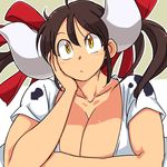  animal_humanoid big_breasts bovine breasts brown_hair cleavage clothed clothing cow_humanoid cow_print female hair hair_ribbon hataraki_ari horn humanoid mammal ribbons shirt short_hair solo sukimi_(hataraki) yellow_eyes 