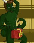  2017 absurd_res anthro blue_eyes christmas convenient_censorship digital_media_(artwork) dragon gift hair hi_res holidays horn looking_at_viewer male muscular muscular_male nighteternal2469 scalie simple_background solo 