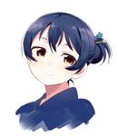  bangs blue_hair blue_kimono commentary_request hair_between_eyes hair_bun hair_ornament hairclip head_tilt japanese_clothes kimono long_hair looking_at_viewer love_live! love_live!_school_idol_project portrait simple_background smile solo sonoda_umi totoki86 white_background 