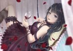  1girl absurdres alcohol asymmetrical_legwear beads black_choker black_flower black_hair black_socks black_thighhighs blue_eyes breasts choker cleavage commentary_request criss-cross_halter cup curtains dress drink drinking_glass falling_petals feet_out_of_frame fishnet_kneehighs fishnet_thighhighs fishnets flower frilled_dress frilled_thigh_strap frills hair_beads hair_flower hair_ornament hair_spread_out halterneck hand_on_own_chest happy highres holding holding_drink kneehighs knees_up lace-trimmed_dress lace-trimmed_socks lace-trimmed_thighhighs lace_trim light_blush lilith_(shining_nikki) lipstick long_hair lying makeup mascara momota_sakura nail_polish nikki_(series) on_back on_bed parted_lips petals pillow pleated_dress pointy_nose print_dress purple_dress red_flower red_lips red_nails red_rose rose rose_petals shining_nikki single_kneehigh single_sock single_thighhigh sleeveless sleeveless_dress smile socks solo star_(symbol) star_print thigh_strap thighhighs very_long_hair wine wine_glass 
