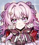  1girl black_gloves dress fingerless_gloves fwxcfq gloves hair_intakes highres honkai:_star_rail honkai_(series) march_7th_(honkai:_star_rail) march_7th_(hunt)_(honkai:_star_rail) medium_hair multicolored_eyes pink_hair red_dress smile solo two-tone_eyes upper_body 