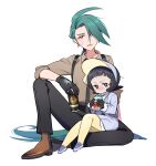  2girls ahoge androgynous anger_vein beer_can black_gloves black_hair black_necktie black_pants blush_stickers botamochi_(exwelder) bright_pupils brown_shirt brown_shoes can collared_shirt dress drink_can earrings full_body gloves green_hair grey_bonnet grey_dress grey_pupils grey_shoes highres jewelry juice_box long_hair long_sleeves looking_at_viewer multiple_girls necktie open_mouth pants pantyhose pokemon pokemon_sv ponytail poppy_(pokemon) purple_shoes red_eyes reverse_trap rika_(pokemon) shirt shoes short_hair simple_background sitting suspenders tearing_up white_background white_pupils yellow_pantyhose 