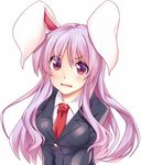  angry animal_ears bangs blazer breasts bunny_ears check_commentary commentary commentary_request eyebrows_visible_through_hair frown jacket jpeg_artifacts kue large_breasts long_hair looking_at_viewer necktie pink_eyes pink_hair red_neckwear reisen_udongein_inaba simple_background solo teardrop touhou upper_body wavy_mouth white_background 