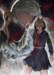  1boy 1girl black_serafuku blood blood_from_eyes claws flower fox_hinako fox_mask fox_mask_(silent_hill) glowing glowing_eyes highres mask midriff mismatched_arms monster_arm okuta_dayo removing_mask sailor_collar school_uniform serafuku shimizu_hinako silent_hill_(series) silent_hill_f spider_lily spoilers torn_clothes yellow_eyes 