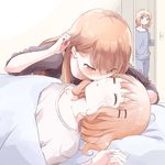  adjusting_hair arm_up bangs blanket blue_pants blue_shirt blush brown_eyes brown_hair closed_eyes commentary door eyebrows_visible_through_hair hair_ornament hairclip highres imminent_kiss incest indoors kamiki_uutarou long_hair lying multiple_girls on_back on_bed oomuro_hanako oomuro_nadeshiko oomuro_sakurako pants parted_lips shirt short_hair siblings sisters sleeping white_shirt yuri yuru_yuri 