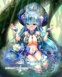  blue_eyes blue_hair breasts cleavage earrings embarrassed flower jewelry large_breasts long_hair navel official_art solo tears teltelhousi tiara unmei_no_clan_battle very_long_hair water 