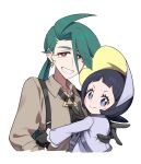  2girls :&gt; androgynous black_gloves black_hair black_necktie blush_stickers botamochi_(exwelder) bright_pupils brown_shirt closed_mouth collared_shirt dress earrings gloves green_hair grey_bonnet grey_dress grey_eyes grey_pupils grin highres jewelry long_hair long_sleeves looking_at_viewer multiple_girls necktie pokemon pokemon_sv ponytail poppy_(pokemon) red_eyes reverse_trap rika_(pokemon) shirt short_hair simple_background smile suspenders triangle_earrings upper_body v white_background white_pupils 