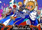  3girls 6+boys agravain_(fate) ahoge armor armored_dress artoria_pendragon_(fate) bedivere_(fate) bedivere_(third_ascension)_(fate) blonde_hair braid bun_with_braided_base dress english_commentary excalibur_(fate/stay_night) fate/grand_order fate_(series) faulds gareth_(fate) gareth_(third_ascension)_(fate) gauntlets gawain_(fate) gawain_(third_ascension)_(fate) green_eyes hair_bun highres ima_mo_nao_kangaechuu knight knights_of_the_round_table_(fate) lancelot_(fate/grand_order) mordred_(fate) mordred_(fate/apocrypha) multiple_boys multiple_girls percival_(fate) saber_(fate) secret_of_pedigree_(fate) tristan_(fate) tristan_(third_ascension)_(fate) 