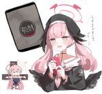  2girls ahoge black_hat black_wings blue_archive braid breasts cross crucifixion feathered_wings halo hanako_(blue_archive) hat head_wings holding holding_phone koharu_(blue_archive) long_hair low_wings mahou_shoujo_no_majo_saiban multiple_girls neckerchief one-piece_swimsuit phone pink_eyes pink_hair pink_halo pink_neckerchief sailor_collar school_swimsuit single_braid solo_focus swimsuit tama_sakura tearing_up translation_request twintails white_sailor_collar winged_halo winged_hat wings 