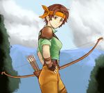  arrow belt bow_(weapon) brown_eyes brown_hair cloud cloudy_sky commentary_request cowboy_shot day fingerless_gloves fire_emblem fire_emblem:_thracia_776 gloves hand_on_hip headband holding holding_bow_(weapon) holding_weapon looking_at_viewer nonji_(sayglo_halo) outdoors pants quiver short_hair short_sleeves sky solo tanya_(fire_emblem) weapon 