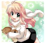  1girl animal blonde_hair boar border commentary_request gradient_background green_eyes holding holding_animal jewelry long_hair long_sleeves looking_at_viewer miniskirt necklace open_mouth original outside_border pearl_necklace pleated_skirt rinko_yuzuki scarf skirt smile snowflakes solo white_border 