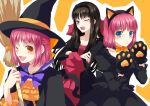  3girls alternate_costume animal_ears animal_hands black_dress black_hair black_shirt blush broom dress fake_animal_ears gloves green_eyes hair_ornament halloween halloween_costume hisui_(tsukihime) kohaku_(tsukihime) lo_lis multiple_girls one_eye_closed orange_background paw_gloves red_hair red_shirt shirt siblings sisters tohno_akiha tsukihime twins vampire_costume witch yellow_eyes 