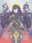  black_gloves blue_eyes blue_hair cape falchion_(fire_emblem) fingerless_gloves fire_emblem fire_emblem:_kakusei floating_hair gloves halo highres jivke lips long_hair looking_at_viewer lucina parted_lips pink_lips purple_eyes purple_hair simple_background solo tiara 