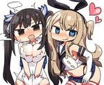 2girls :d armpits bangs bare_shoulders black_bow black_eyes black_hair black_neckwear blue_eyes blue_sailor_collar blue_skirt blush bow breast_squeeze breasts closed_mouth commentary_request cosplay crop_top crossover drooling dungeon_ni_deai_wo_motomeru_no_wa_machigatteiru_darou_ka elbow_gloves eyebrows_visible_through_hair gloves hair_bow hairband head_tilt heart heart-shaped_pupils hestia_(danmachi) hestia_(danmachi)_(cosplay) kanikama kantai_collection large_breasts long_hair looking_at_viewer multiple_girls navel neckerchief nose_blush open_mouth original pleated_skirt red_legwear rei_no_himo sailor_collar school_uniform serafuku shimakaze_(kantai_collection) shimakaze_(kantai_collection)_(cosplay) skirt smile striped striped_legwear sweatdrop symbol-shaped_pupils thighhighs twintails two_side_up v_arms white_gloves 