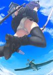 absurdres aircraft black_legwear black_skirt cloud day eyepatch eyepatch_removed from_below giantess headgear highres holding holding_sheath holding_sword holding_weapon jumping kantai_collection left-handed looking_at_viewer outdoors panties pantyshot pantyshot_(jumping) pleated_skirt purple_hair rigging scabbard sheath shoes short_hair size_difference skirt sky solo sword tenryuu_(kantai_collection) underwear unsheathed uru_(uru0000) weapon white_panties 