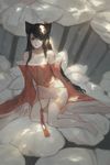  ahri animal_ears bare_shoulders black_hair breasts brown_eyes cleavage commentary_request detached_sleeves fox_ears fox_tail highres jiayue_wu league_of_legends long_hair long_sleeves medium_breasts multiple_tails sitting solo tail very_long_hair wide_sleeves 