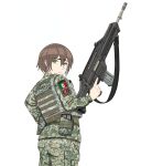  1girl ass assault_rifle belt brown_hair camouflage from_behind fx-05_xiuhcoatl green_eyes gun highres holding holding_gun holding_weapon looking_at_viewer looking_back mexican_army mexican_flag mexico military_combat_uniform military_uniform mx_waifus original rifle simple_background smile solo weapon white_background 