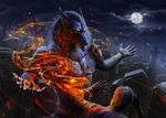  2017 5_fingers alaiaorax amazing_background black_nose canine clothed clothing detailed detailed_background digital_media_(artwork) feral fire group human magic male mammal moon night nude open_mouth outside red_eyes reptile scalie sky snake teeth were werewolf whiskers 