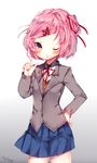  ;o arm_up artist_name blazer blue_skirt blush breasts chachong_sama collared_shirt cowboy_shot doki_doki_literature_club eyebrows_visible_through_hair finger_gun gradient gradient_background grey_jacket hair_ornament hair_ribbon hairclip hand_on_hip highres jacket long_sleeves looking_at_viewer miniskirt natsuki_(doki_doki_literature_club) one_eye_closed open_mouth orange_sweater pink_eyes pink_hair red_neckwear red_ribbon ribbon school_uniform shirt short_hair signature simple_background skirt small_breasts solo standing sweater tsurime white_background white_shirt x_hair_ornament 