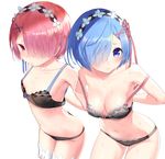  arched_back black_bra black_panties blue_eyes blue_hair bow bow_bra bra breasts closed_mouth collarbone commentary_request cowboy_shot hair_ornament hair_over_one_eye hairband leaning_forward legs_apart lolita_hairband medium_breasts multiple_girls navel panties pink_eyes pink_hair pink_ribbon ram_(re:zero) re:zero_kara_hajimeru_isekai_seikatsu rem_(re:zero) ribbon short_hair siblings simple_background sisters small_breasts standing strap_slip sweat thighhighs twins underwear underwear_only undressing veins white_background white_legwear x_hair_ornament yasuyuki 