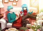  1girl 2900cm aqua_hair armor blue_eyes blue_hair brother_and_sister cape christmas couch eirika ephraim fire_emblem fire_emblem:_seima_no_kouseki gloves green_eyes green_hair house long_hair pantyhose polearm room short_hair siblings sidelocks smile sweater weapon 