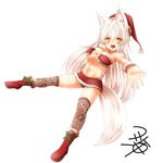  :d animal_ear_fluff animal_ears bare_shoulders blush boots breasts christmas eyebrows_visible_through_hair fox_ears fox_tail fur_trim hat kohaku_(yua) large_breasts long_hair looking_at_viewer open_mouth orange_eyes original outstretched_arm pom_pom_(clothes) santa_boots santa_hat signature skirt slit_pupils smile solo tail very_long_hair white_background white_hair yua_(checkmate) 