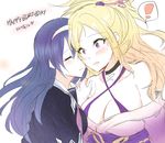  ! 2girls blonde_hair blush breasts cleavage couple embarrassed hair_ornament headband kiss large_breasts multiple_girls purple_eyes purple_hair school_uniform simple_background sketch surprised tsukikage_koharu uniform valkyrie_drive valkyrie_drive_-bhikkhuni- viola_(valkyrie_drive) yuri 