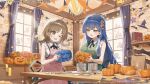 2girls ;d ando_tazusa apron assault_lily bare_arms black_ribbon black_skirt blue_hair blush book braid breasts brown_eyes brown_hair bucket cabinet collared_shirt commentary_request copyright_notice cowboy_shot crown_braid curtains flower frilled_shirt frills gem gem_hair_ornament green_apron hair_behind_ear hair_flower hair_ornament halloween hands_up high-waist_skirt hitotsuyanagi_riri holding holding_pumpkin indoors jack-o'-lantern jewelry long_hair looking_at_another low_twin_braids low_twintails medium_breasts medium_hair multiple_girls neck_ribbon official_art one_eye_closed open_mouth orange_ribbon paint paint_on_clothes paint_splatter paint_splatter_on_face paint_tube paintbrush pennant pink_apron pumpkin red_gemstone ribbon ring rokkaku_shiori school_uniform shelf shirai_yuyu shirt sidelocks skirt sleeveless sleeveless_shirt smile sparkle standing star_(symbol) string_of_flags suspender_skirt suspenders table taniguchi_hijiri twin_braids twintails wagashi928 wang_yujia white_flower window yellow_ribbon yoshimura_thi_mai yurigaoka_girls_academy_school_uniform 