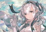  anchor_symbol bird closed_mouth cloud cloudy_sky commentary_request day gloves grey_eyes hairband holding kantai_collection looking_at_viewer outdoors rioka_(southern_blue_sky) silver_hair sky solo suzutsuki_(kantai_collection) upper_body white_gloves 
