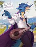 2025 5_fingers ambiguous_gender anthro aquatic_dragon artist_name bard blue_body blue_claws blue_horn blue_scales bottomwear cape claws clothed clothing day digital_media_(artwork) dragon english_text fingers frill_(anatomy) gesture hand_gesture head_crest head_frill hi_res holding_musical_instrument holding_object horn lute male marine multicolored_body multicolored_scales musical_instrument mythological_creature mythological_scalie mythology nature open_mouth outside pants plucked_string_instrument purple_eyes scales scalie shaded shirt solo speech_bubble string_instrument tail taunting text tongue topwear trickate two_tone_body two_tone_scales watermark yellow_body yellow_scales