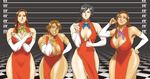 4girls arm_up bare_shoulders black_eyes black_hair breasts brown_eyes brown_hair cao_li checkered_floor china_dress chinese_clothes cleavage cleavage_cutout confused covering covering_breasts curvy dress earring earrings elbow_gloves embarrassed gloves grin guan_cai-he hair hand_gesture hand_on_hip height_chart hips huge_breasts invitation large_breasts leaning_forward lipstick liu_mei-xing long_hair multiple_girls muscle muscular_female nappii_(nappy_happy) nappy_happy open_mouth original ponytail pose ribbon shiny_skin short side_slit smile surprise thick_thighs thighs thumbs_up wide_hips zhang_yan-hua 